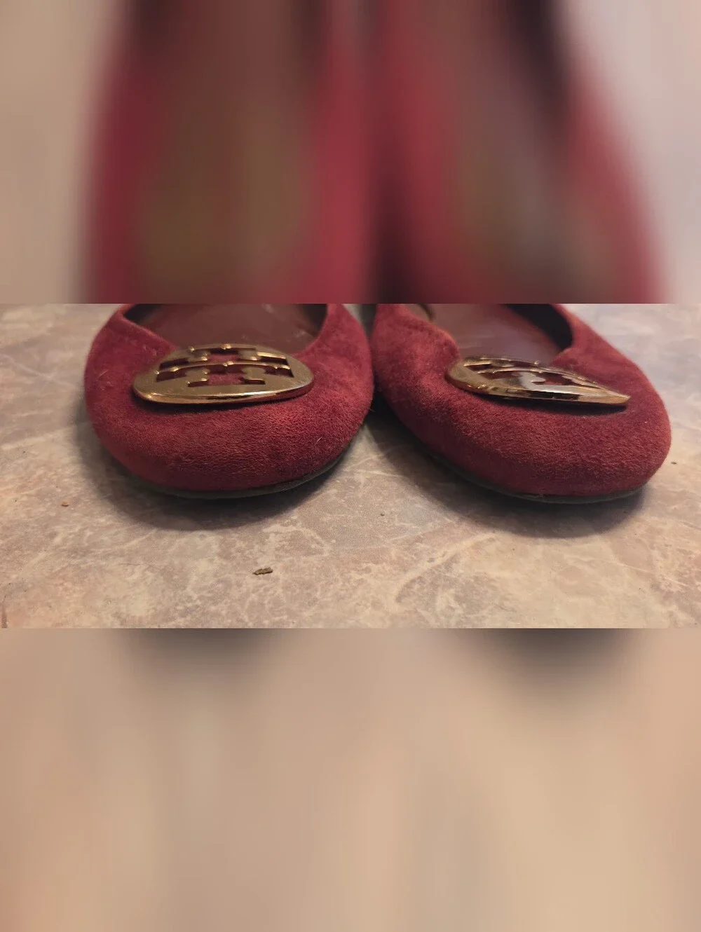 Tory Burch Burgundy Suede Reva Logo Ballet Flats